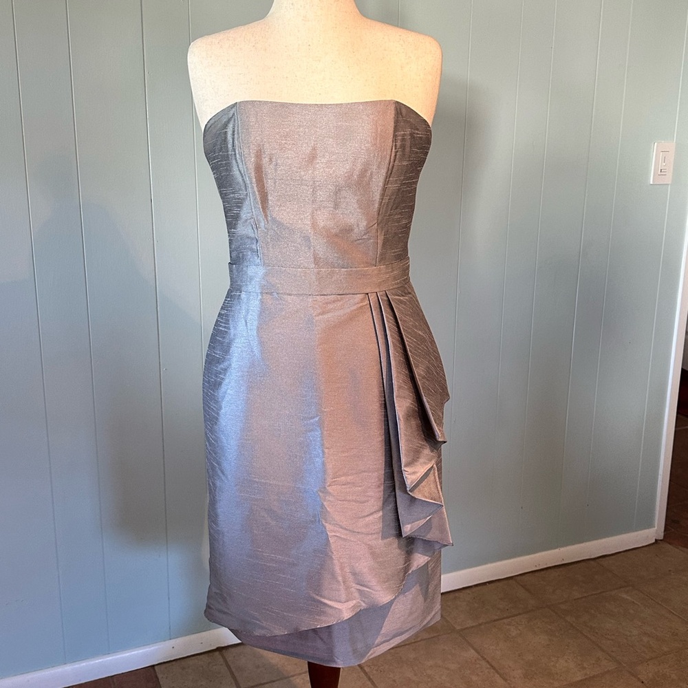 ALFRED SUNG Silver Ruched Strapless Sheath Dress
